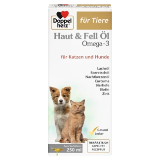 Abbildung der Produktverpackung Doppelherz für Tiere Haut & Fell Öl Omega-3 für Katzen und Hunde Frontansicht